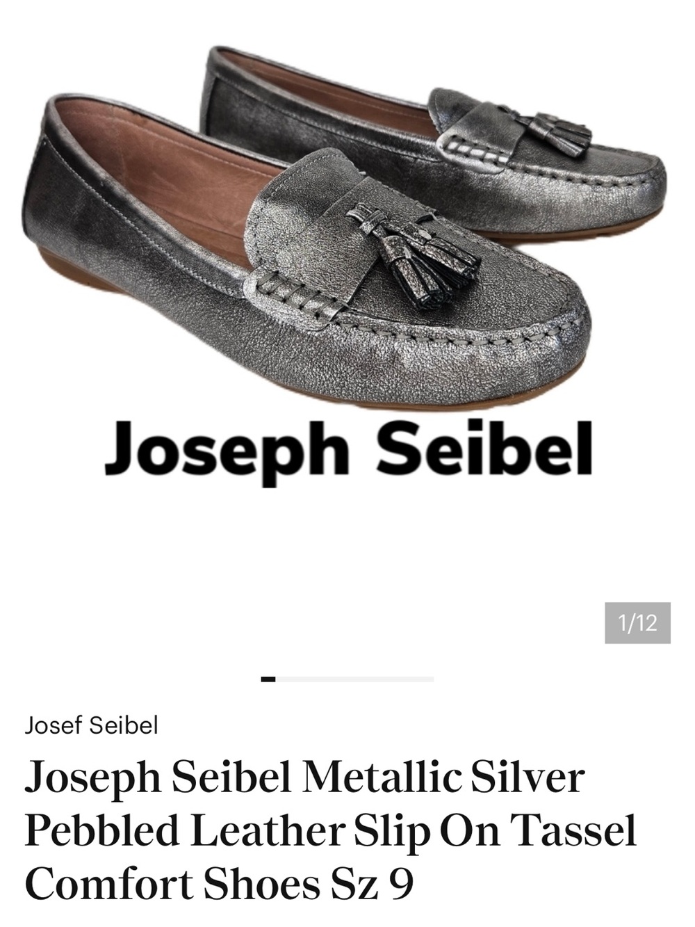 Joseph Seibel Metallic Silver Pebbled Leather Slip On Tassel Comfort Shoes Sz 9